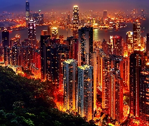 Nocą, Miasta, Chmur, Drapacze, Hong Kong, Panorama