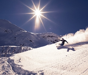 Snowbord, Słońce, Zima, Góry