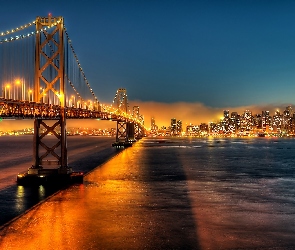 Golden Gate, Chmur, Drapacze, Nocą, San Francisco, Zatoka, Miasto, Most