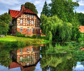 Ogród, Staw, Odbicie, Jezioro, Domy