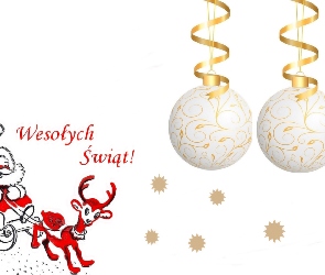 Renifer, Sanie, Bombki, Mikołaj