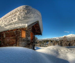 Drewniany dom, Lasy, Zima, Góry