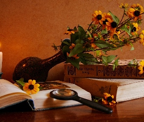 Flakon, Kompozycja, Świeczka, Książki, Rudbekie