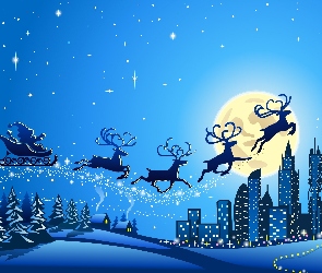 Boże Narodzenie, Gwiazdy, Sanie, Renifery, Mikołaj, Księżyc
