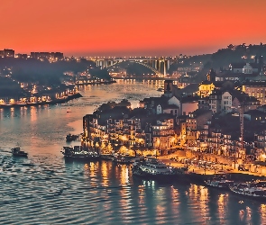 Nocą, Porto, Rzeka, Z lotu ptaka, Miasto, Portugalia, Douro