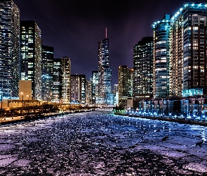 Chicago, Rzeka, Noc, Miasto, Stany Zjednoczone