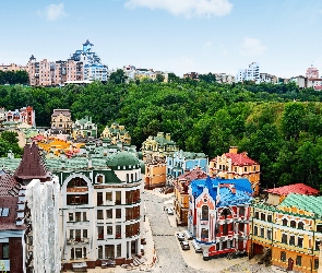 Domy, Ukraina, Ulica, Drzewa, Kolorowe