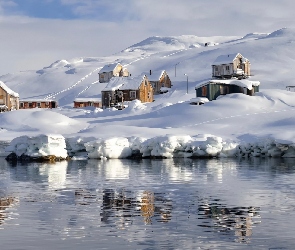 Wioska, Grenlandia, Odbicie, Góry, Morze, Śnieg, Domy
