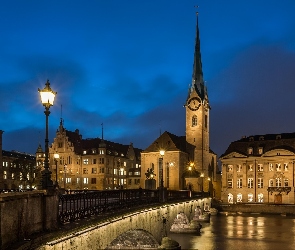 Szwajcaria, Zurych, Latarnia, Most Munsterbrucke, Kościół Fraumunster, Rzeka Limmat