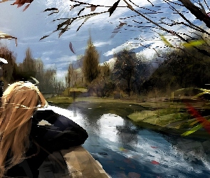 Obraz, Drzewo, Rzeka, Dziewczyna, Malarstwo