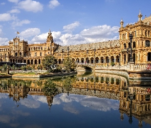 Hiszpania, Sevilla, Chmury, Plaza de Espana, Woda, Hotel