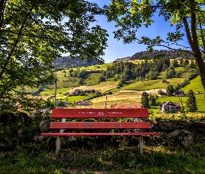 Wzgórza, Park, Drzewa, Łąka, Domek, Ławka