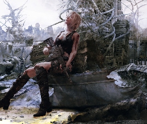 New York, Wieżowce, Broń, Fantasy, Budynki, Kobieta, Karabin