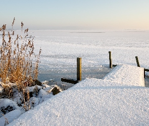 Jezioro, Zamarznięte, Śnieg, Pomost