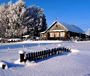 Śnieg, Ogrodzenie, Dom, Drzewa, Zima