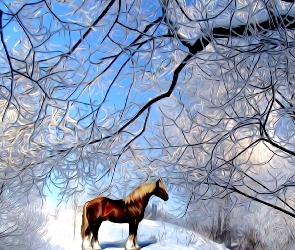 Zima, Komputerowa, Grafika, Drzewa, Koń