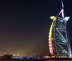 Dubaj, Zjednoczone Emiraty Arabskie, Miasto Nocą, Burdż al-Arab, Budynki, Palmy, Hotel