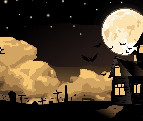 Noc, Cmentarz, Dom, Halloween, Księżyc, Czarownica