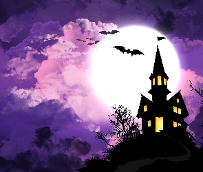 Halloween, Noc, Księżyc, Nietoperze, Dom