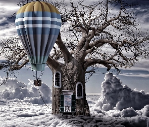 Grafika, Balon, Chmury, Drzewo, Fantasy