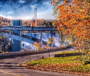 Jesień, Wodospad, Most, Droga