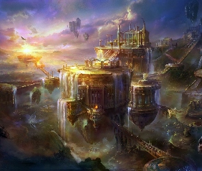 Słońce, Zachód, Fantasy, Miasto, Budowle, Wodospad
