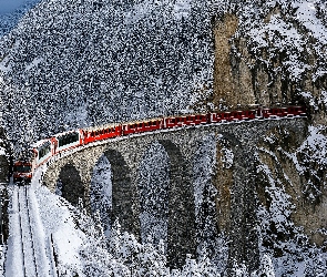 Most, Śnieg, Las, Góry, Pociąg
