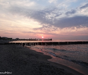 Morze, Molo, Zachód Słońca, Plaża, Krajobraz