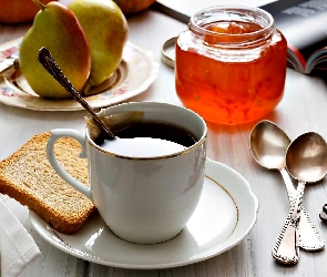 Klucz, Łyżeczki, Dżem, Tost, Herbata, Gruszki