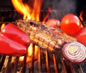 Ogień, Cebula, Grill, Mięso, Papryka, Pomidory
