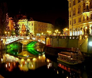 Słowenia, Lublana, Most, Budynki, Rzeka, Miasto Nocą