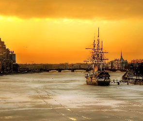 Petersburg, Miasto, Statek, Zachód Słońca