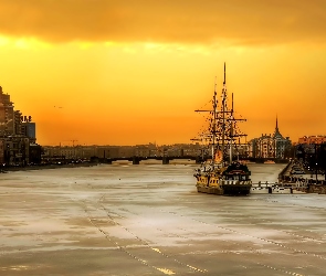 Miasto, Statek, Petersburg, Zachód Słońca