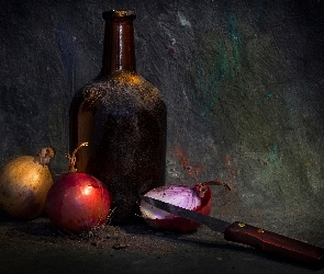 Kompozycja, Butelka, Cebula, Nóż