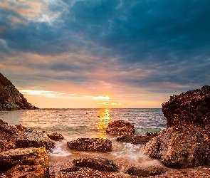 Skały, Zachód Słońca, Wybrzeże, Morze