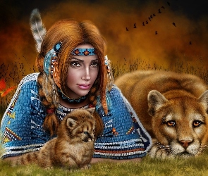 Dziewczyna, Fantasy, Puma, Małe, Indianka