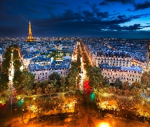 Noc, Miasto, Francja, Z Lotu Ptaka, Paryż, Wieża Eiffla, Oświetlone