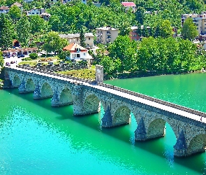 Rzeka, Domy, Budynki, Drzewa, Most