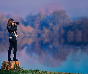 Jezioro, Aparat, Dziewczyna, Fotografowanie