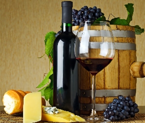 Beczka, Kieliszek, Sery, Winogrona, Wino, Butelka