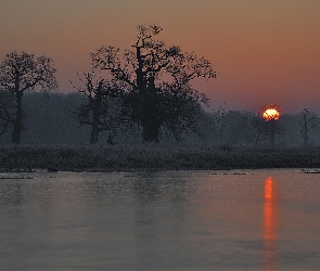 Wschód słońca, Mgła, Jezioro, Rogalin