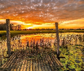 jezioro, molo, Zachód słońca