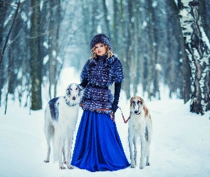 Kobieta, Śnieg, Las, Psy