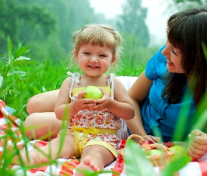 Piknik, Łąka, Kobieta, Dziecko