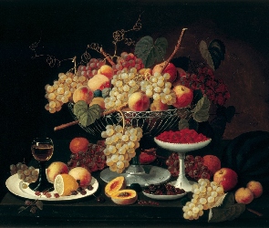 Owoce, Pomarańcze, Jabłka, Winogrona, Obraz olejny