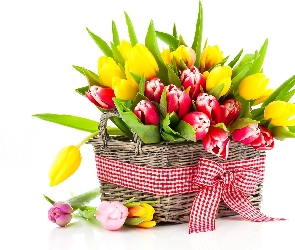 Bukiet, Kosz, Tulipany, Kwiatów