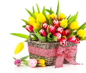 Kosz, Tulipany, Bukiet, Kwiatów