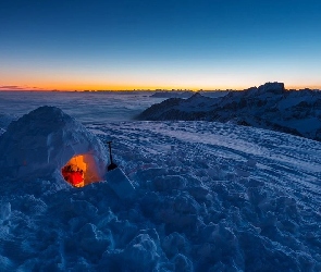 Zachód, Skały, Igloo, Śnieg, Słońca