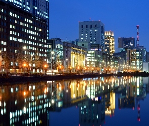 Domy, Odbicie, Woda, Japonia, Miasto Nocą