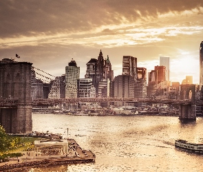 Nowy Jork, Drapacze Chmur, Rzeka, Most, Brooklyn Bridge, Zachód Słońca, Stany Zjednoczone